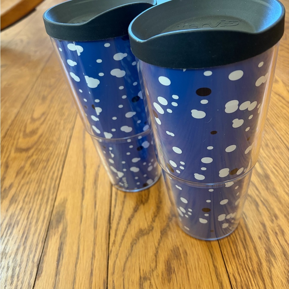 TWO Tervis Black Lid Tumblers with Blue and White Dots